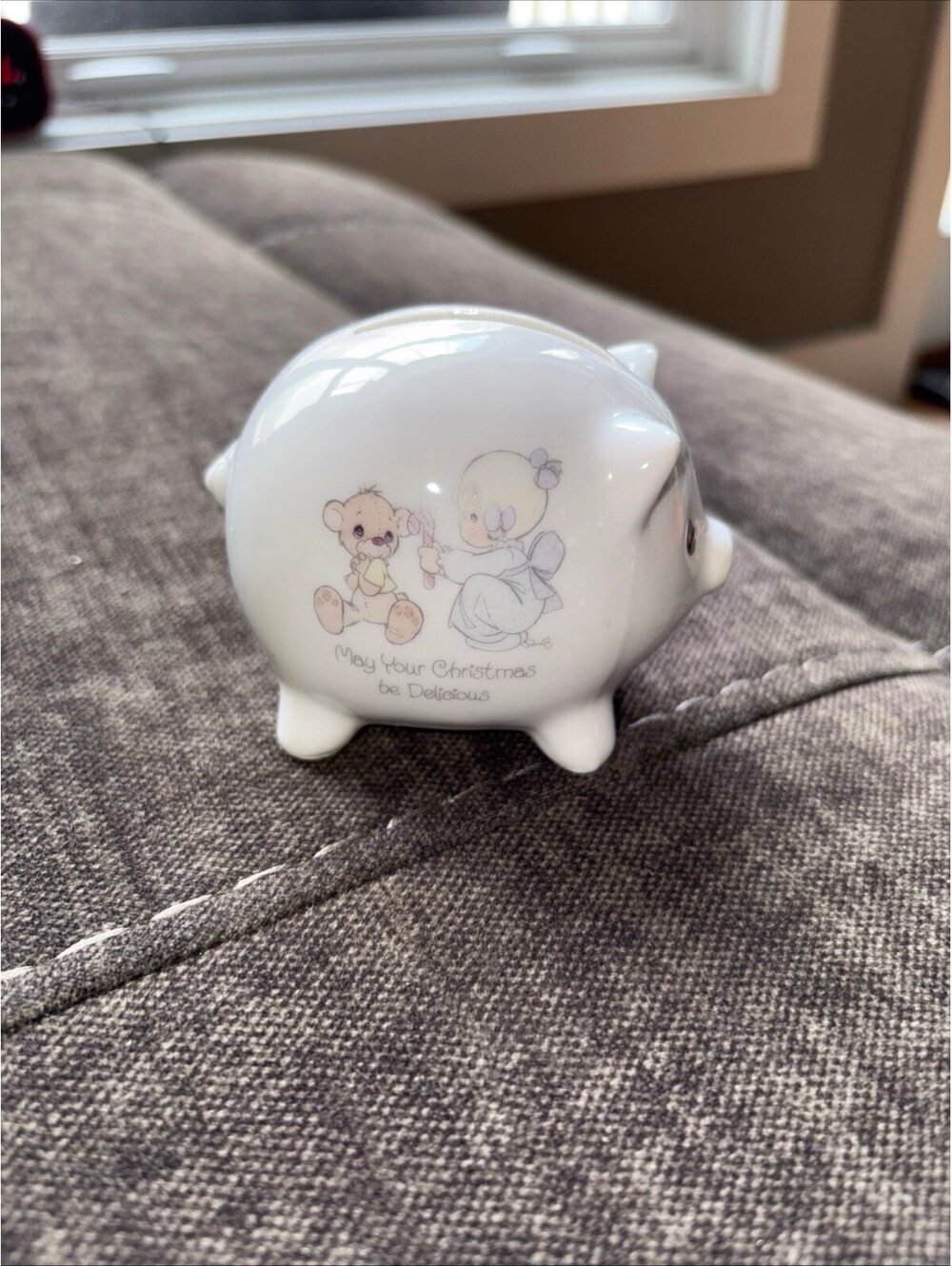 PRECIOUS MOMENTS 1986 May Your Christmas be Delicious Piggy Bank w/stopper, EUC
